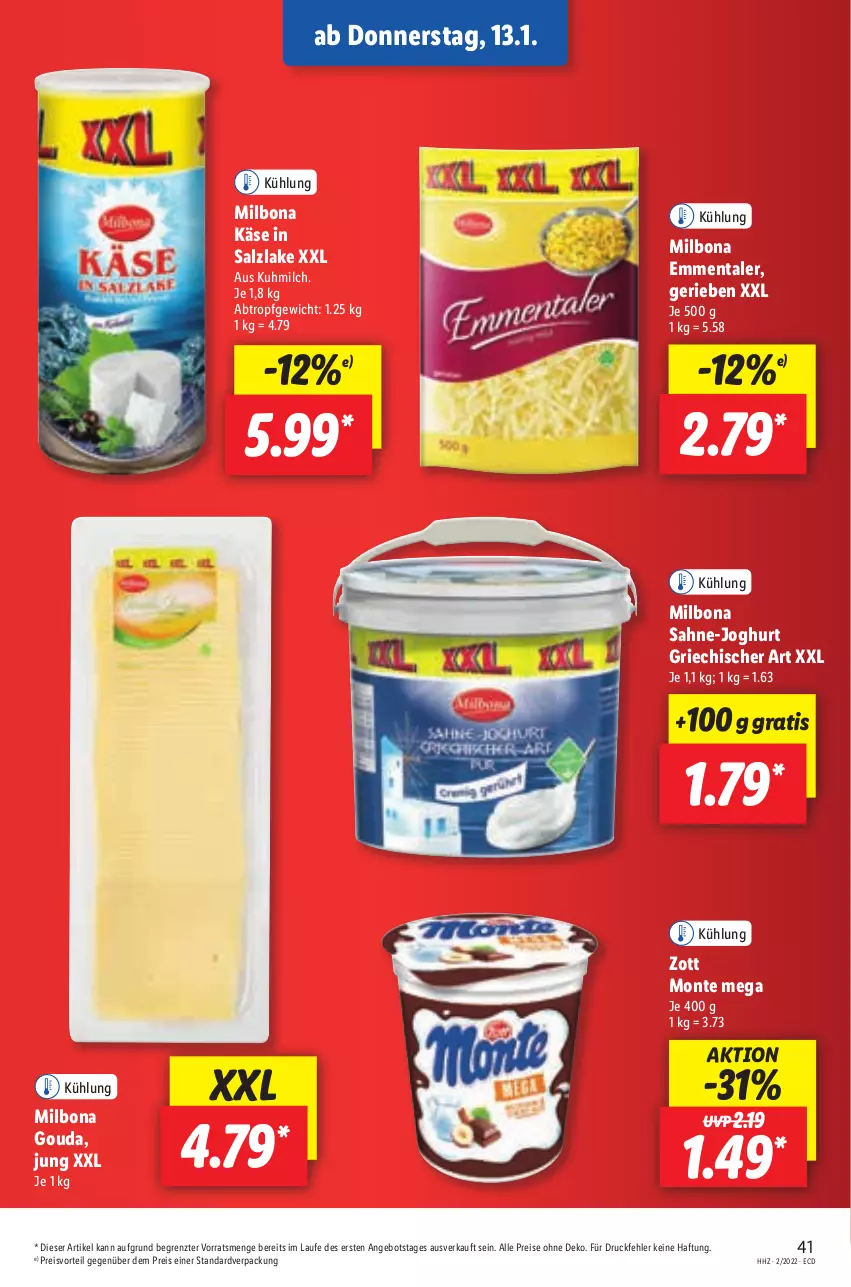 Aktueller Prospekt Lidl - Aktionsprospekt - von 10.01 bis 15.01.2022 - strona 45 - produkty: angebot, Bona, eis, emmentaler, gouda, joghur, joghurt, Käse, Milbona, milch, monte, preisvorteil, reis, sahne, salz, Ti, zott, Zott Monte, ZTE