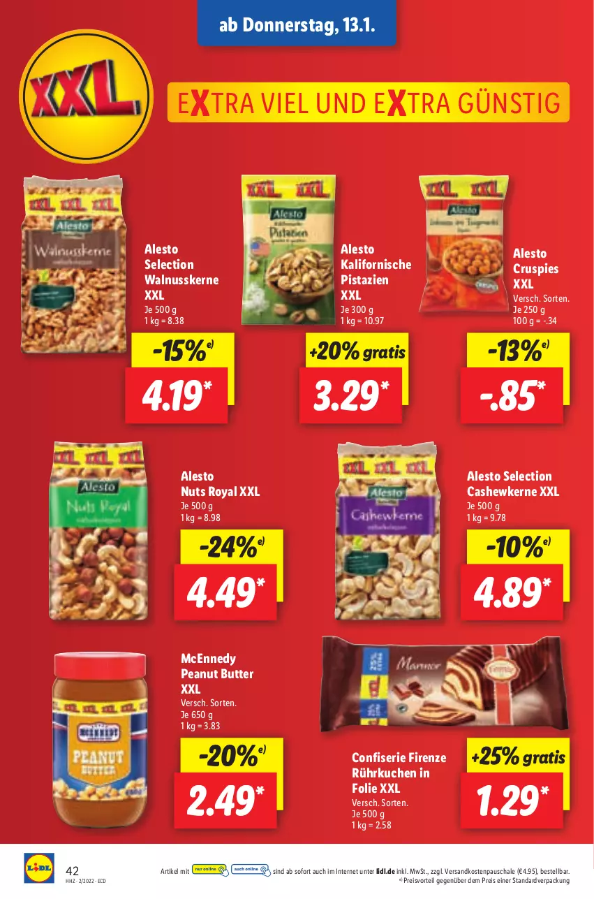 Aktueller Prospekt Lidl - Aktionsprospekt - von 10.01 bis 15.01.2022 - strona 46 - produkty: alesto, butter, Cashew, cashewkerne, eis, kuchen, mcennedy, ndk, nuss, peanut butter, pistazien, preisvorteil, reis, Schal, Schale, Ti, walnuss, walnusskerne