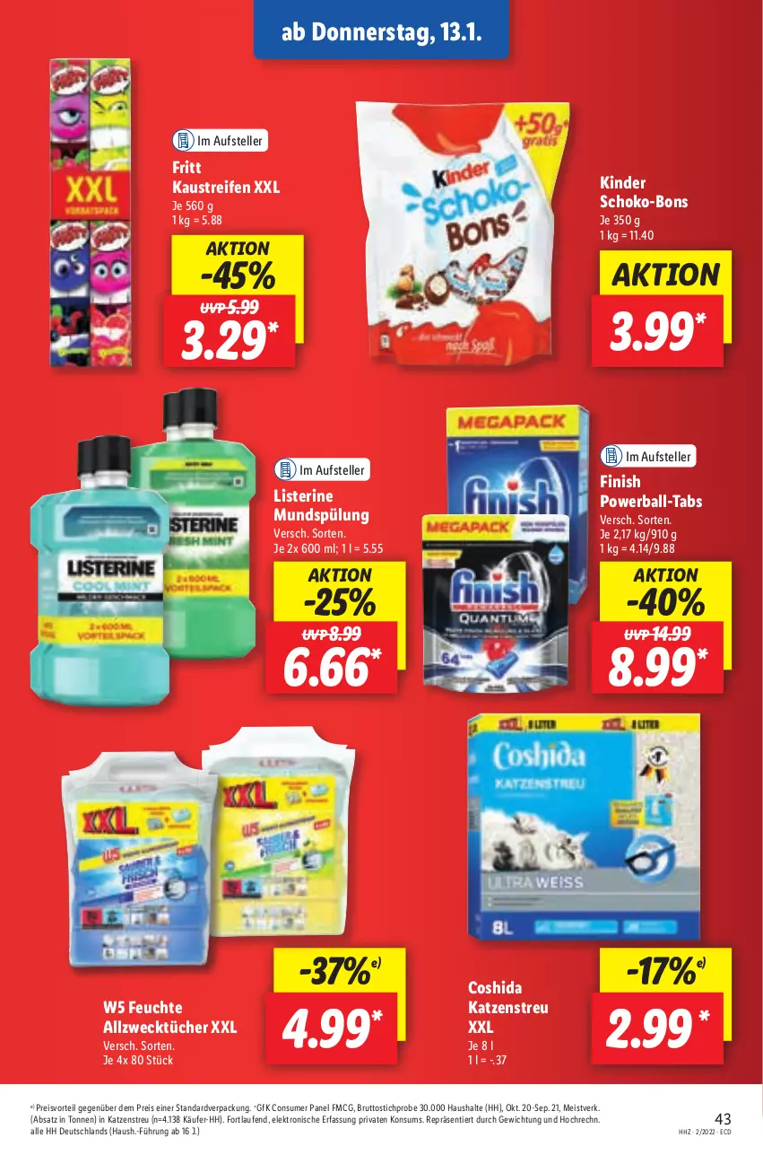 Aktueller Prospekt Lidl - Aktionsprospekt - von 10.01 bis 15.01.2022 - strona 47 - produkty: Allzwecktücher, aust, ball, brut, Coshida, eis, Elektro, elle, Finish, HP, Katzenstreu, Kaustreifen, Kinder, Laufen, listerine, mundspülung, powerball, preisvorteil, reifen, reis, schoko, schoko-bons, spülung, teller, Ti, tücher, weck