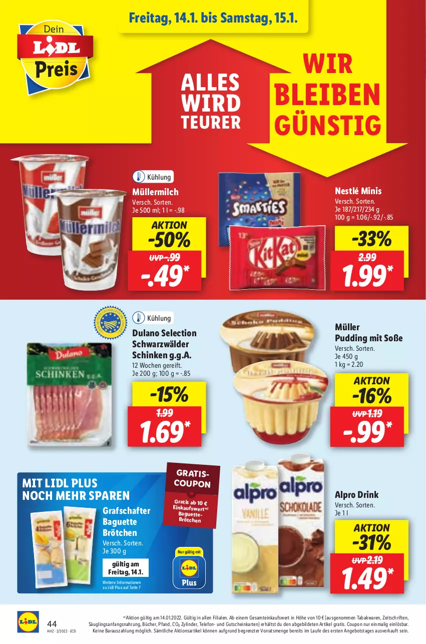 Aktueller Prospekt Lidl - Aktionsprospekt - von 10.01 bis 15.01.2022 - strona 48 - produkty: alpro, angebot, baguette, brötchen, coupon, drink, dulano, grafschafter, gutschein, milch, Müller, müllermilch, nestlé, pudding, schinken, schwarzwälder schinken, Soße, telefon, Ti, ZTE