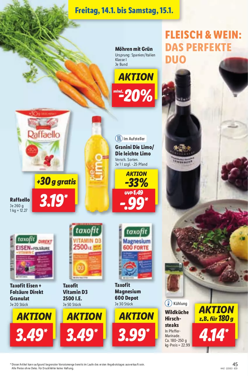 Aktueller Prospekt Lidl - Aktionsprospekt - von 10.01 bis 15.01.2022 - strona 49 - produkty: angebot, eis, elle, fleisch, granini, granini die limo, Hirschsteaks, küche, limo, magnesium, marinade, möhren, pfeffer, raffaello, reis, steak, steaks, Taxofit, teller, Ti, vita, Vitamin D, wein, Wild, ZTE