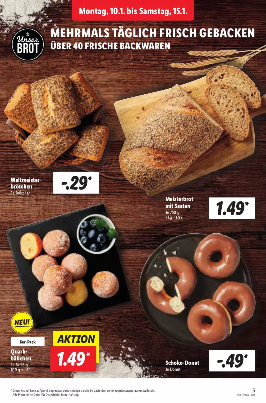 Aktueller Prospekt Lidl - Aktionsprospekt - von 10.01 bis 15.01.2022 - strona 5 - produkty: angebot, backwaren, brot, brötchen, Donut, eis, frische backwaren, geback, Meister, quark, reis, schoko, Ti, ZTE