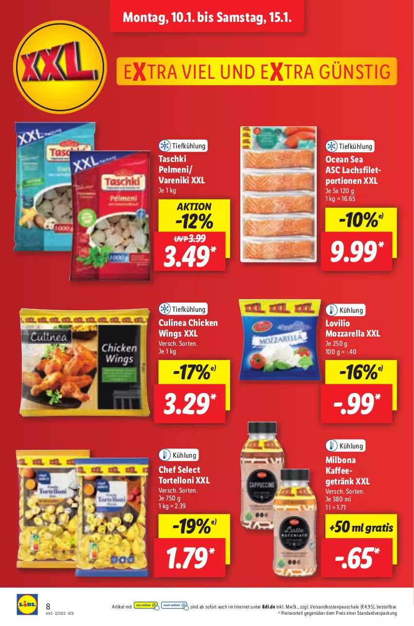 Aktueller Prospekt Lidl - Aktionsprospekt - von 10.01 bis 15.01.2022 - strona 8 - produkty: Bona, chicken wings, eis, filet, getränk, kaffee, lachs, lachsfilet, Milbona, mozzarella, ndk, pelmeni, preisvorteil, reis, rel, Schal, Schale, taschki, Ti, torte, tortelloni