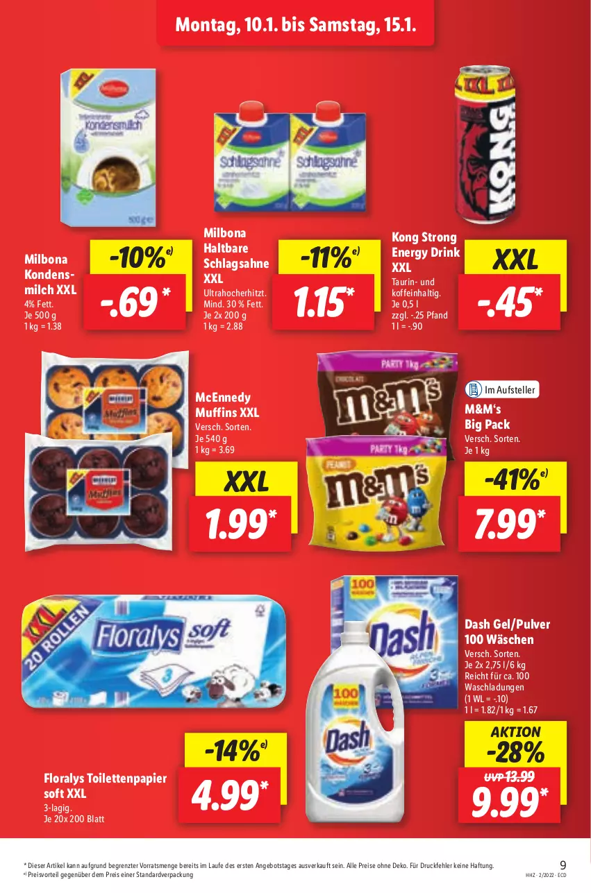 Aktueller Prospekt Lidl - Aktionsprospekt - von 10.01 bis 15.01.2022 - strona 9 - produkty: angebot, Bona, drink, eis, elle, energy drink, Floralys, kondensmilch, mcennedy, Milbona, milch, Muffin, muffins, papier, preisvorteil, reis, sahne, schlagsahne, teller, Ti, toilettenpapier, ZTE