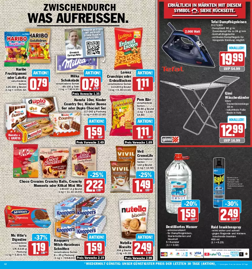 Aktueller Prospekt Hit - Prospekte - von 26.06 bis 01.07.2023 - strona 12 - produkty: auer, ball, batterie, batterien, beutel, bio, bügel, Bügeleisen, chips, choco crossies, creme, crossies, crunchips, dampfbügeleisen, duplo, eis, frucht, fruchtgummi, hanuta, haribo, haselnuss, Kinder, kinder bueno, kinder country, kitkat, kleid, Kleidung, knoppers, Lakritz, leine, Liege, lorenz, lorenz crunchips, milch, milka, milka schokolade, nuss, nutella, oder lakritz, Rauch, reis, reiss, rwe, schnitten, schoko, schokolade, schokoladen, sekt, tefal, Ti, Tiere, wasser, ZTE