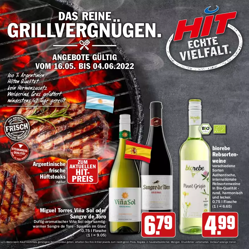 Aktueller Prospekt Hit - Prospekte - von 16.05 bis 04.06.2022 - strona 1 - produkty: aktionspreis, angebot, angebote, bio, eis, elle, flasche, grill, hüftsteak, hüftsteaks, natur, rebsortenweine, reis, rind, steak, steaks, Ti, tisch, wein, weine