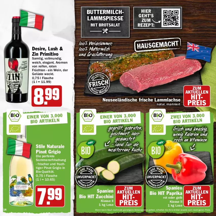 Aktueller Prospekt Hit - Prospekte - von 16.05 bis 04.06.2022 - strona 14 - produkty: aktionspreis, bio, bio hit, braten, brot, butter, buttermilch, eis, elle, flasche, frucht, früchte, früchten, grill, küche, lachs, lamm, lammlachse, milch, natur, natura, paprika, Pinot, pinot grigio, primitivo, reifen, reis, rezept, salat, Ti, vita, Vitamine, weck, wein, zucchini