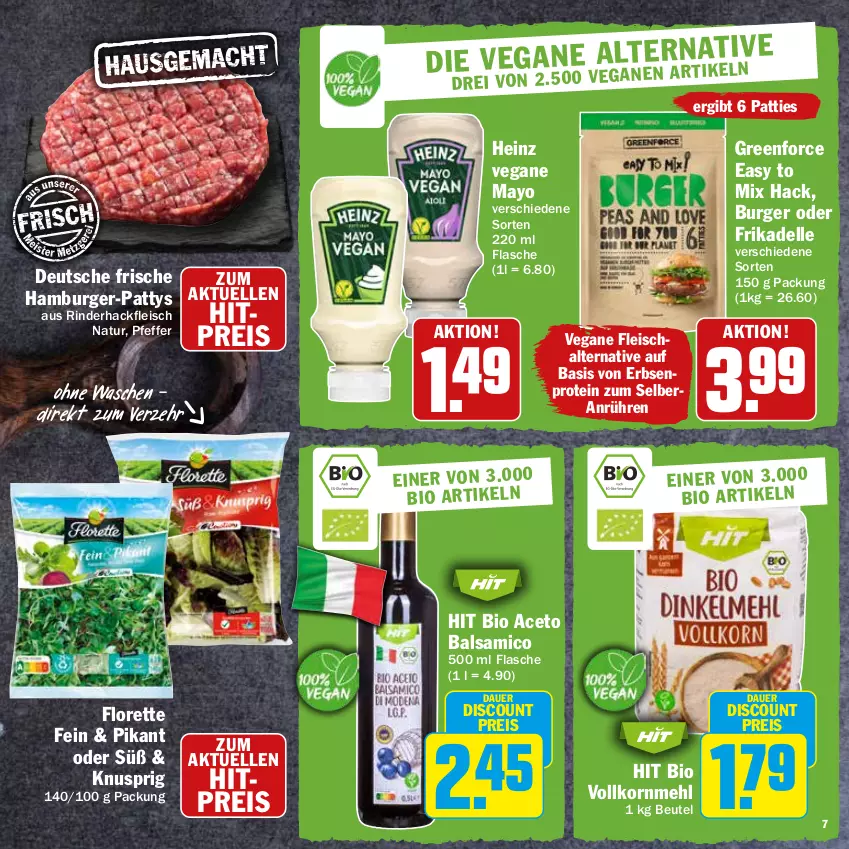 Aktueller Prospekt Hit - Prospekte - von 16.05 bis 04.06.2022 - strona 7 - produkty: aceto, aceto balsamico, auer, balsam, balsamico, beutel, bio, burger, dell, discount, eis, elle, erbsen, flasche, fleisch, florette, hackfleisch, hamburger, heinz, korn, mehl, natur, pfeffer, reis, rind, rinder, rinderhackfleisch, Ti, Vegane Fleisch, Yo