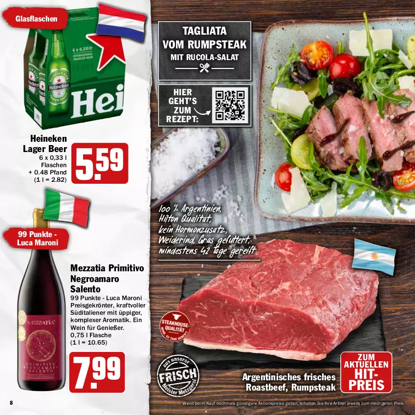 Aktueller Prospekt Hit - Prospekte - von 16.05 bis 04.06.2022 - strona 8 - produkty: aktionspreis, amaro, beef, cola, eis, elle, flasche, glasflasche, heineken, kraft, primitivo, reis, rezept, rind, roastbeef, rucola, rum, rumpsteak, salat, steak, Ti, wein