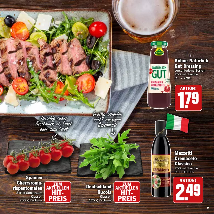 Aktueller Prospekt Hit - Prospekte - von 16.05 bis 04.06.2022 - strona 9 - produkty: aceto, classico, cola, dressing, eis, elle, flasche, fleisch, Kühne, mac, nuss, reis, rispentomaten, rucola, salat, snack, Ti, tomate, tomaten