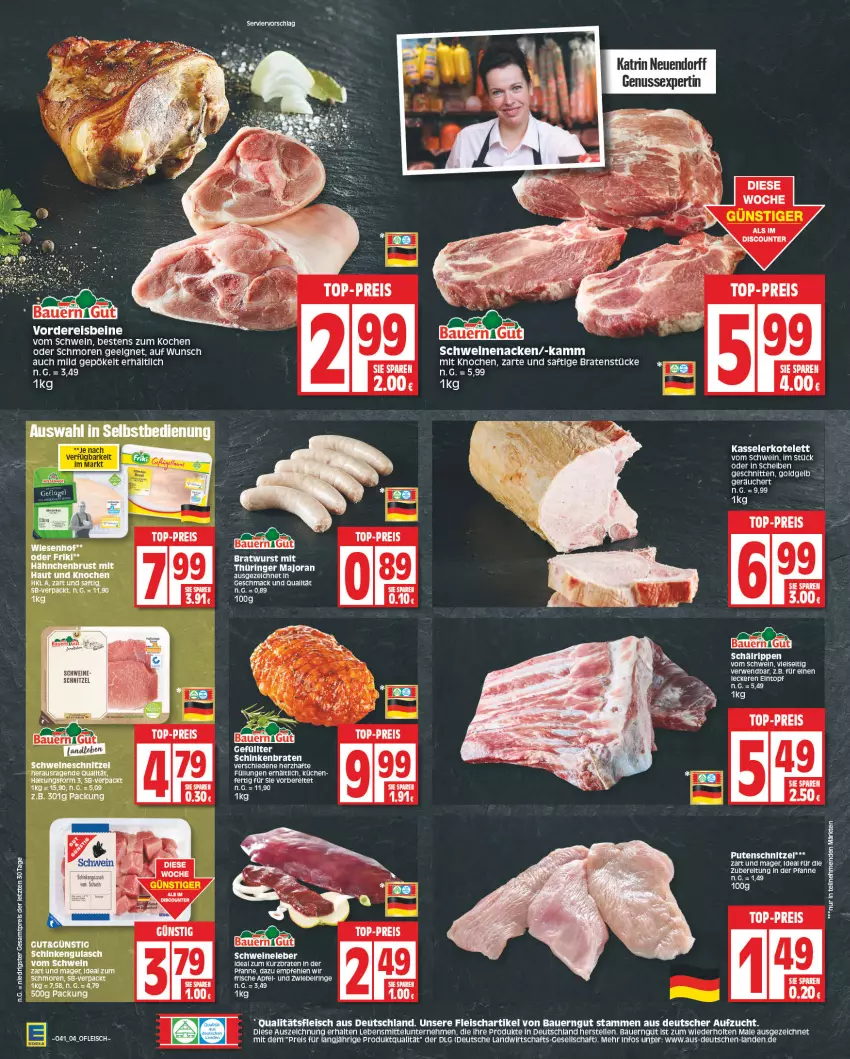 Aktueller Prospekt Edeka - Angebote der Woche - von 09.10 bis 14.10.2023 - strona 4 - produkty: apfel, auer, Bau, Bauer, bauerngut, braten, discount, eintopf, eis, elle, fleisch, gulasch, hähnchenbrust, kasseler, kotelett, küche, Küchen, lebensmittel, LG, mac, nuss, pfanne, pute, putenschnitzel, reis, ring, Rippen, rwe, saft, schinken, schinkenbraten, schnitten, schnitzel, schwein, schweine, schweinenacken, Ti, top-preis, topf, wein, weine, ZTE