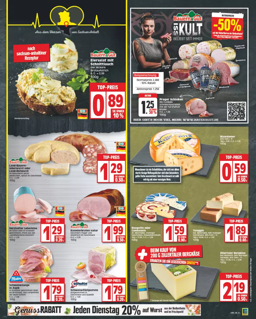 Aktueller Prospekt Edeka - Angebote der Woche - von 09.10 bis 14.10.2023 - strona 5 - produkty: aktionspreis, auer, aufstrich, Bad, Bau, Bauer, bauerngut, Bergkäse, braten, brot, brotaufstrich, cambozola, eier, eiersalat, eis, fleisch, gurke, gurken, Käse, kasseler, Kasselerbraten, leberkäs, leberkäse, leberwurst, Maasdam, maasdamer, mac, natur, nuss, Ofen, pastete, reis, rel, Rotwurst, salat, Schere, schinken, schnitten, schnittkäse, schnittlauch, schwein, schweine, Schweinezunge, Spezi, Ti, top-preis, wein, weine, wurst, Yo, ZTE