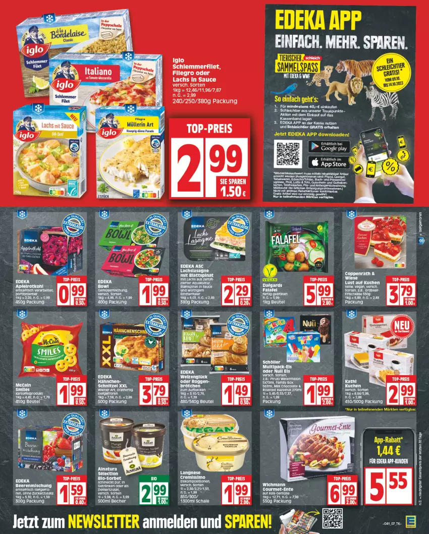 Aktueller Prospekt Edeka - Angebote der Woche - von 09.10 bis 14.10.2023 - strona 7 - produkty: apfel, Becher, beere, beeren, beutel, blattspinat, Brei, brötchen, buch, cola, cremissimo, deka, eduscho, eier, eis, emmentaler, ente, erde, filegro, filet, getränk, getränke, iglo, lachs, langnese, langnese cremissimo, mozzarella, reis, rel, rotkohl, sauce, Schal, Schale, Schleich, schlemmerfilet, sim, spinat, Tchibo, Ti, tomate, top-preis, wiener, ZTE