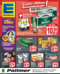 Gazetka promocyjna Edeka - Angebote der Woche - Gazetka - ważna od 14.10 do 14.10.2023 - strona 1 - produkty: angebot, auer, Bau, Bauer, Becher, beck's, beko, bolognese, braten, corona, corona extra, coupon, deka, duplo, eis, ente, flammkuchen, gin, gurke, gurken, joghur, joghurt, Kinder, kuchen, lamm, maggi, maggi fix, Ofen, original wagner, pizza, reis, rel, riegel, rustipani, sac, saft, salami, salat, Salatgurke, salatgurken, schinken, schinkenbraten, schnitten, schnitzel, schoko, schokolade, schokoladen, schwein, schweine, schweineschnitzel, steinofen, Ti, top-preis, uhr, wagner, wein, weine, ZTE