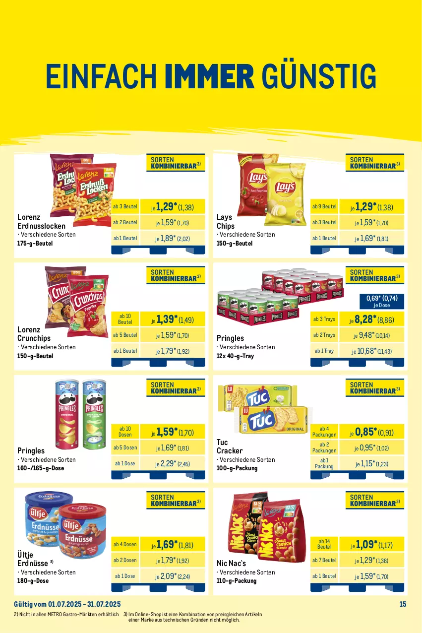 Aktueller Prospekt Metro - Monats-Mix - von 01.07 bis 31.07.2025 - strona 15 - produkty: angebot, beutel, chips, cracker, crunchips, dip, eis, erdnuss, erdnüsse, lack, lays, lorenz, lorenz crunchips, Lutscher, Metro, metro gastro, nuss, pringles, reis, ring, Ti, tiefpreis, tuc, ültje, ültje erdnüsse, wasser, wassereis
