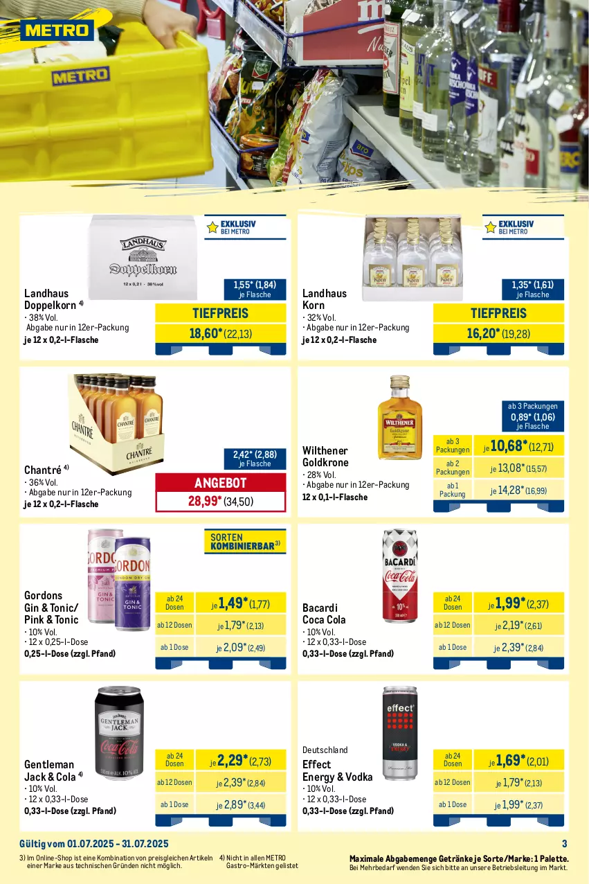 Aktueller Prospekt Metro - Monats-Mix - von 01.07 bis 31.07.2025 - strona 3 - produkty: angebot, bacardi, chantré, cola, doppelkorn, Effect, eis, flasche, Germ, getränk, getränke, gin, goldkrone, Gorbatschow, gordon, gordons, jägermeister, kleiner feigling, korn, kräuter, kräuterlikör, krone, leine, likör, Meister, Metro, Palette, reis, Ti, tiefpreis, tonic, underberg, vodka, wilthener, Wilthener Goldkrone, wodka, yeni raki