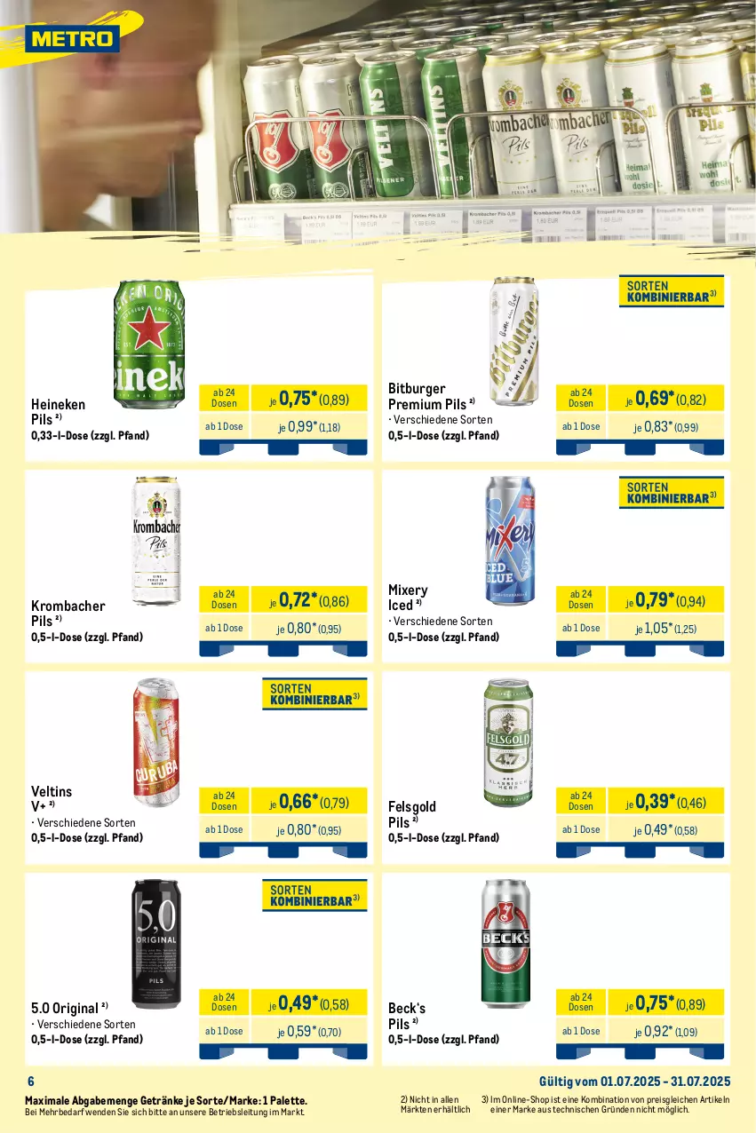 Aktueller Prospekt Metro - Monats-Mix - von 01.07 bis 31.07.2025 - strona 6 - produkty: auer, bier, Biere, bitburger, burger, decke, desperados, eis, flasche, getränk, getränke, gin, heineken, karlsberg, karlsberg mixery, krombache, krombacher, krombacher pils, Mixer, mixery, Palette, pils, pilsener, premium pils, reis, tequila, Ti, veltins