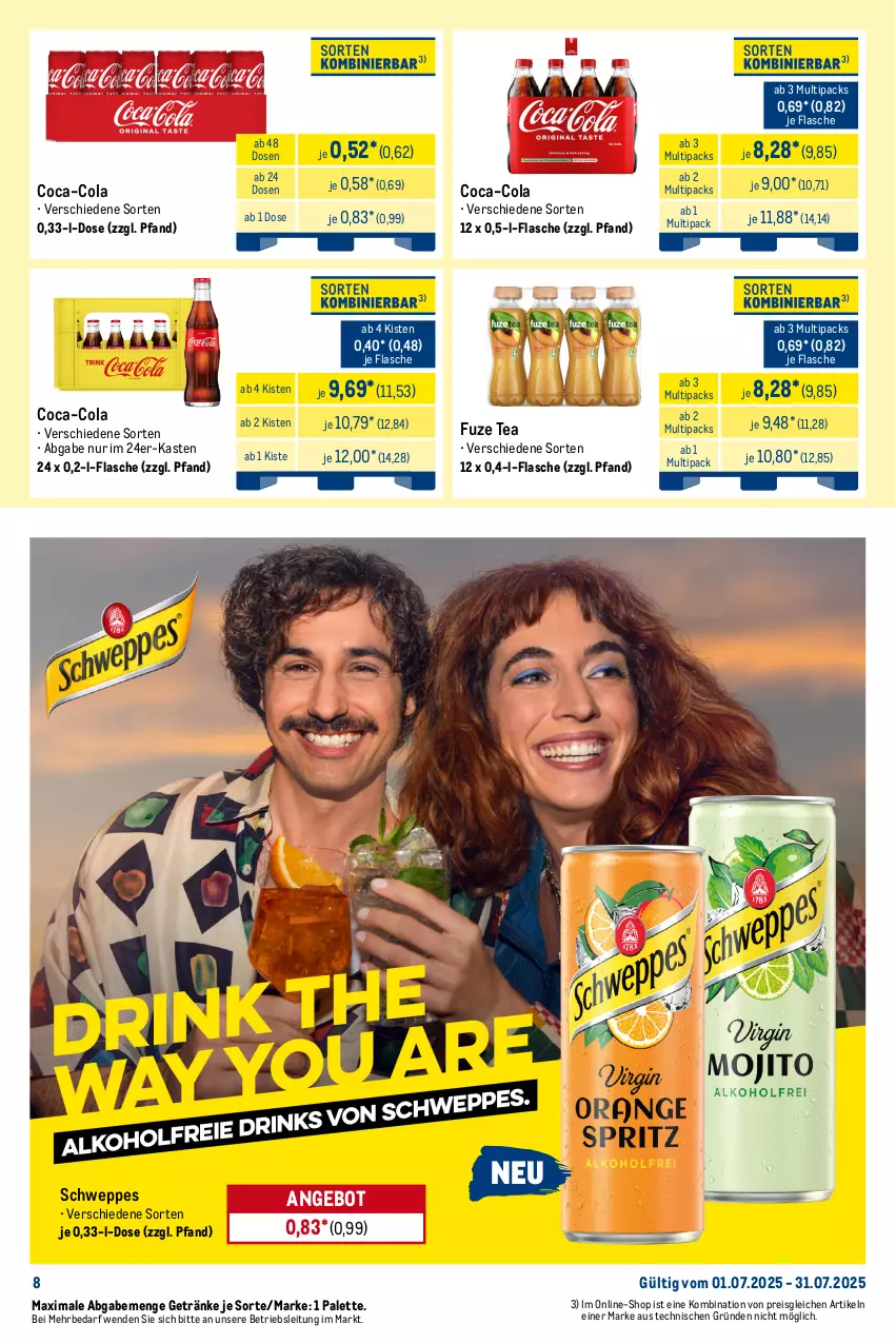 Aktueller Prospekt Metro - Monats-Mix - von 01.07 bis 31.07.2025 - strona 8 - produkty: adelholzener, angebot, coca-cola, cola, durstlöscher, eis, eistee, flasche, frucht, fruchtsaft, fruchtsaftgetränk, fuze tea, getränk, getränke, Holz, lipton, Palette, pfanne, Pfanner, reis, saft, schweppes, tee, Ti, tiefpreis