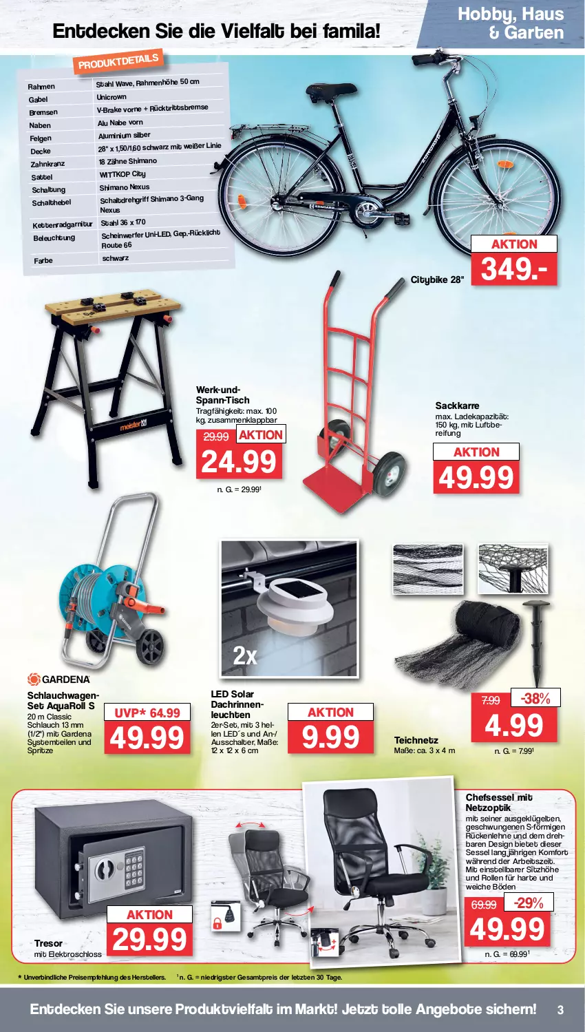 Aktueller Prospekt Famila - Prospekte - von 11.09 bis 16.09.2023 - strona 3 - produkty: angebot, angebote, aqua, beleuchtung, chefsessel, decke, deka, eis, Elektro, elle, felgen, gabel, gardena, Garten, Hobby, Kette, Kranz, Leuchte, leuchten, LG, nexus, reis, rückenlehne, rücklicht, sac, sattel, Schal, schlauch, schlauchwagen, sessel, shimano, Sitzhöhe, teller, Ti, tisch, ZTE