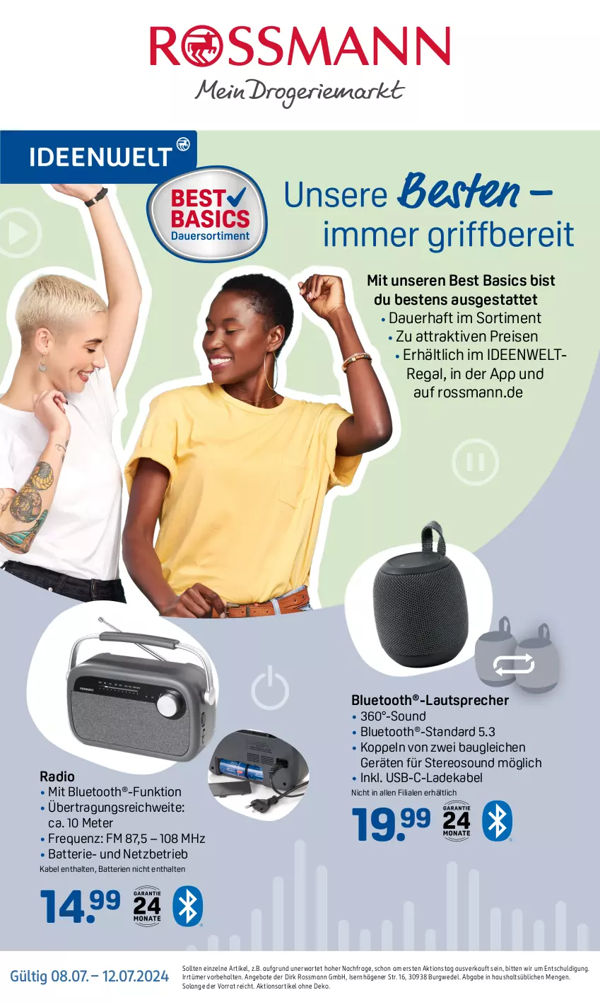 Aktueller Prospekt Rossmann - Prospekte - von 08.07 bis 12.07.2024 - strona 1 - produkty: angebot, angebote, auer, batterie, batterien, Bau, bluetooth®-lautsprecher, deka, eis, ladekabel, lautsprecher, Radio, regal, reis, Ti, usb, wedel