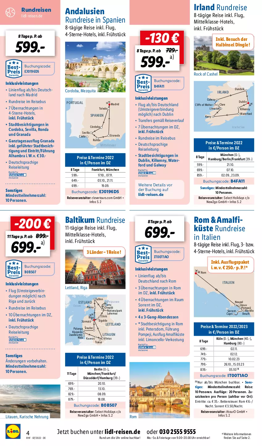 Aktueller Prospekt Lidl - Monatliche Reise-Highlights (SÜD) - von 29.06 bis 31.08.2022 - strona 4 - produkty: Alwa, bett, Betten, buch, Cap, deutschsprachige reiseleitung, eier, eis, grana, inklusivleistungen, Kilkenny, limo, Rana, reis, reiseveranstalter, reiseverlauf, Ti, uhr