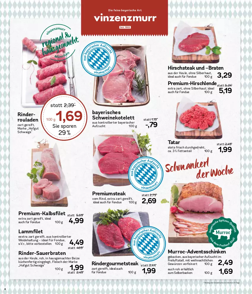 Aktueller Prospekt Aez - Prospekte - von 18.12 bis 23.12.2023 - strona 4 - produkty: auer, braten, eis, elle, fleisch, Fondue, geback, gewürz, hofgut, kotelett, küche, Küchen, lamm, mac, reis, rind, rinder, Rinderroulade, rinderrouladen, rouladen, schinken, schwein, schweine, schweinekotelett, steak, Ti, trolli, wein, weine, ZTE