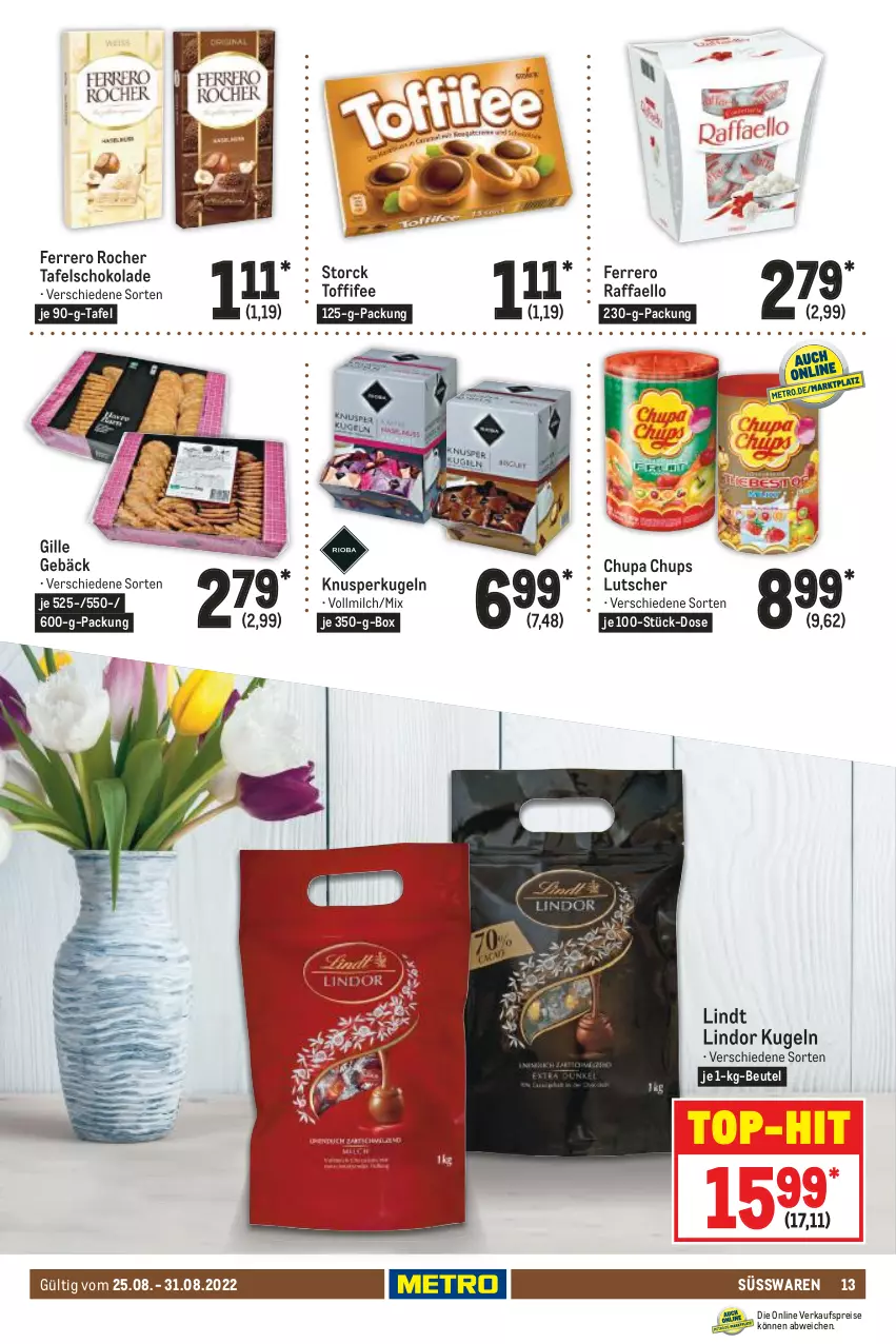 Aktueller Prospekt Metro - Food - von 25.08 bis 31.08.2022 - strona 13 - produkty: beutel, chupa, chupa chups, eis, ferrero, Ferrero Rocher, Kugel, lindor, lindt, Lutscher, milch, raffaello, reis, schoko, schokolade, storck, süsswaren, tafelschokolade, Ti, toffifee, top-hit, vollmilch