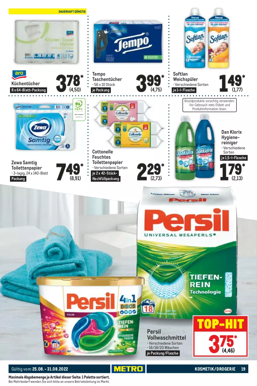 Aktueller Prospekt Metro - Food - von 25.08 bis 31.08.2022 - strona 19 - produkty: cottonelle, elle, feuchtes toilettenpapier, flasche, kosmetik, küche, Küchen, küchentücher, Palette, papier, persil, reiniger, Softlan, Tasche, taschen, taschentücher, Tempo, Ti, toilettenpapier, top-hit, tücher, vollwaschmittel, waschmittel, weichspüler, zewa