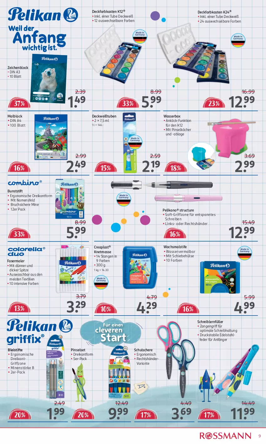 Aktueller Prospekt Rossmann - Prospekte - von 24.06 bis 13.08.2024 - strona 9 - produkty: Bleistift, bleistifte, deckfarbkasten, din a4, edelstahl, eis, fasermaler, K2, Malblock, pelikan, Pinsel, Pinselset, Ria, Schere, stifte, Ti, wasser, Zangen, zeichenblock