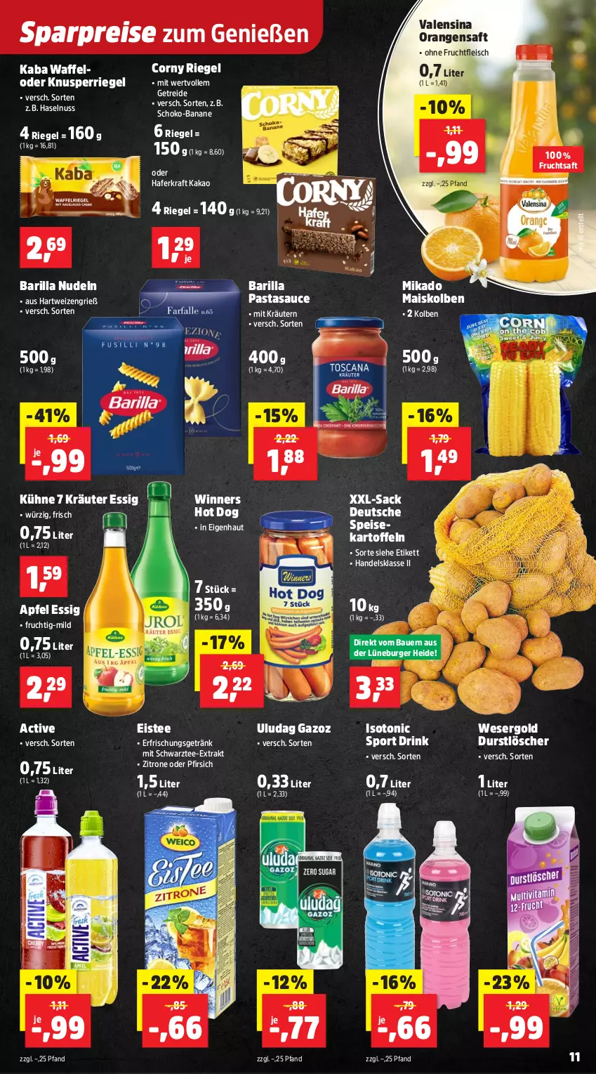 Aktueller Prospekt Thomas Philipps - von 07.04 bis 11.04.2026 - strona 13 - produkty: apfel, auer, banane, barilla, Bau, Bauer, burger, corny, drink, durstlöscher, eis, eistee, erfrischungsgetränk, essig, fleisch, frucht, fruchtfleisch, fruchtsaft, getränk, hafer, hartweizen, haselnuss, hot dog, kakao, kartoffel, kartoffeln, kraft, kräuter, Kräuter Essig, kräutern, Kühne, mais, mikado, nudel, nudeln, nuss, orange, orangen, orangensaft, pasta, pfirsich, reis, riegel, sac, saft, sauce, schoko, speisekartoffeln, Sport, tee, Ti, tonic, valensina, zitrone, ZTE