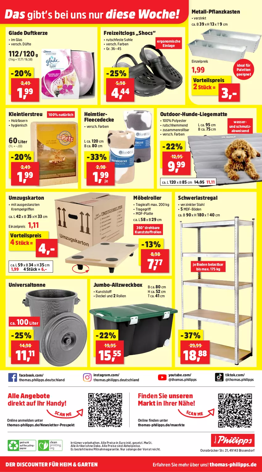 Aktueller Prospekt Thomas Philipps - von 07.04 bis 11.04.2026 - strona 15 - produkty: abholpreise, alle preise sind abholpreise, angebot, angebote, Clin, Clogs, decke, Deckel, discount, Duftkerze, eis, fleecedecke, Garten, Glade, Handy, Holz, jumbo, kerze, kraft, latte, LG, Liege, möbel, Palette, papier, Pflanzkasten, regal, reis, Roller, schwerlastregal, Ti, tragegriff, umzugskarton, vorteilspreis, wasser, weck, Yo, ZTE