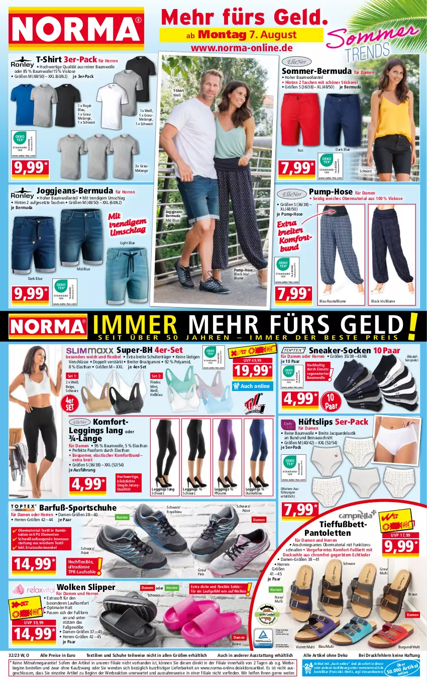 Aktueller Prospekt Norma - Norma - von 07.08 bis 14.08.2023 - strona 1 - produkty: aqua, asti, Bau, baumwolle, Bebe, beere, bermuda, bett, bio, blume, braun, Brei, decksohle, dell, eis, Elan, elle, ente, flieder, gin, hose, jeans, lack, leggings, mint, Mode, ndk, pantolette, pantoletten, pflaume, reine baumwolle, reis, Ria, schuhe, shirt, slip, Slipper, slips, sneaker, socken, Spiele, Sport, sportschuhe, T-Shirt, Tasche, taschen, Ti, tisch, wolle, ZTE