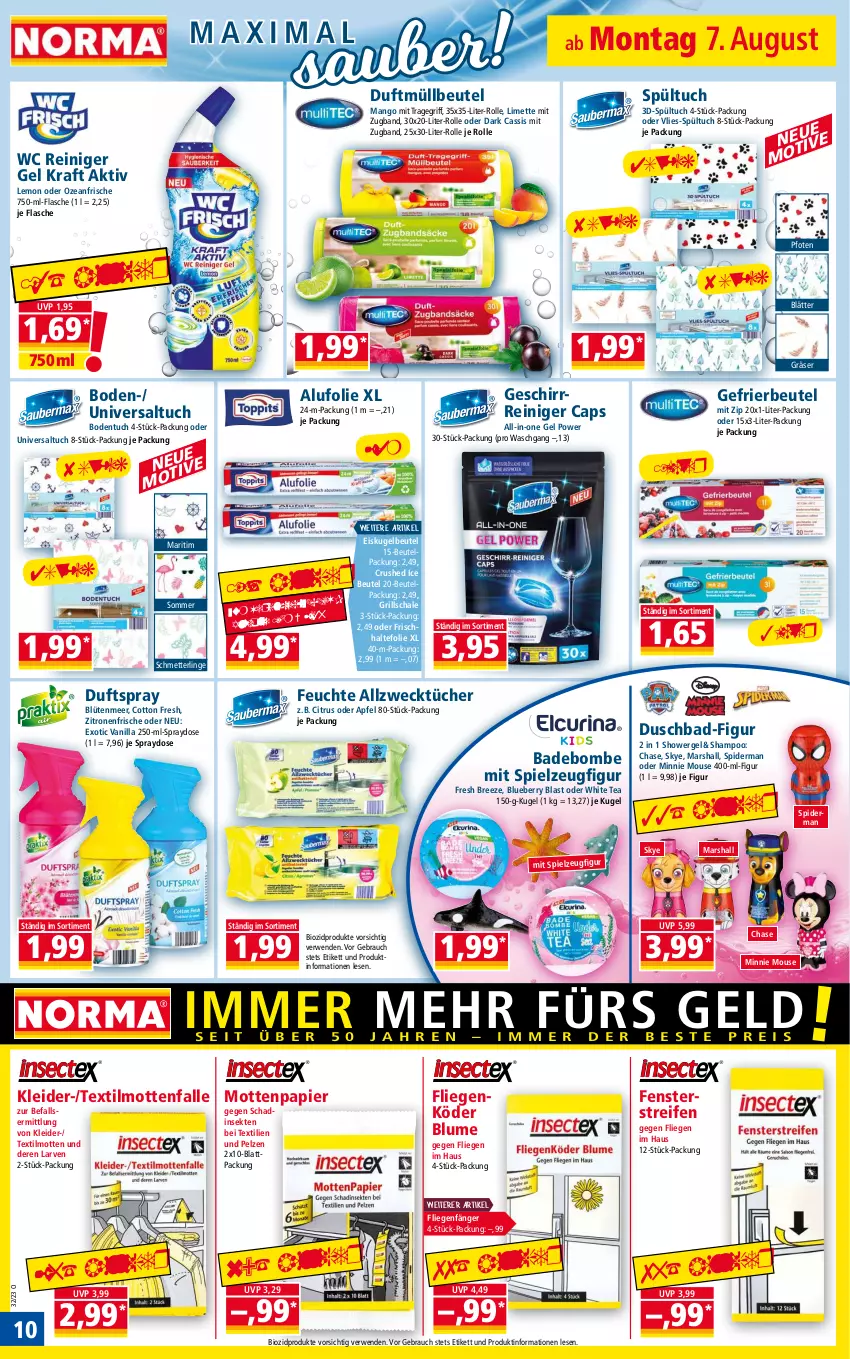 Aktueller Prospekt Norma - Norma - von 07.08 bis 14.08.2023 - strona 10 - produkty: Allzwecktücher, apfel, Bad, beutel, bio, biozidprodukte, blueberry, blume, Blüte, bree, Cap, cassis, citrus, crushed ice, Duftspray, duschbad, eis, fenster, flasche, gefrierbeutel, geschirr, grill, kleid, kleider, kraft, Kugel, Liege, limette, mango, mars, Mett, Mottenfalle, müllbeutel, papier, Rauch, reifen, reiniger, reiniger gel, rwe, Schal, Schale, Schmetterling, sekt, shampoo, spielzeug, Ti, tragegriff, tuc, tücher, weck, zitrone, zitronen