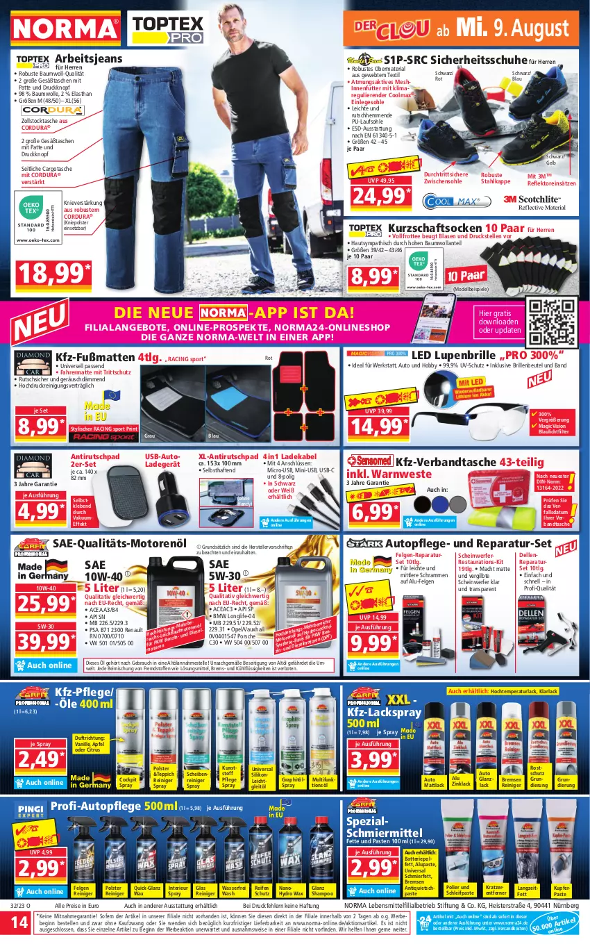 Aktueller Prospekt Norma - Norma - von 07.08 bis 14.08.2023 - strona 14 - produkty: angebot, angebote, apfel, arla, auto, batterie, Bau, baumwolle, Bebe, beutel, Brille, cin, citrus, deka, dell, Diesel, eis, elle, felgen, Fußmatte, gin, Handy, Hobby, HP, jeans, Kurzschaftsocken, lack, ladegerät, ladekabel, lebensmittel, LG, longlife, mac, Mode, motorenöl, ndk, Rauch, reifen, reiniger, Reinigung, reis, Ria, sac, Scheibenreiniger, schuhe, shampoo, socken, Spezi, Spiele, Sport, Tasche, taschen, tee, teller, teppich, Ti, topf, usb, uv-schutz, vanille, Warnweste, wasser, Weste, wolle