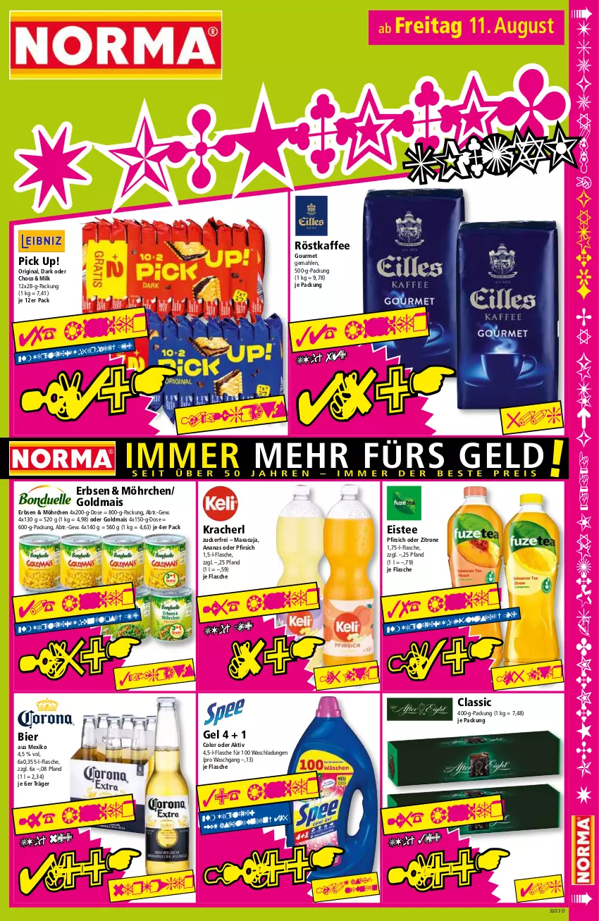 Aktueller Prospekt Norma - Norma - von 07.08 bis 14.08.2023 - strona 15 - produkty: ananas, bier, eis, eistee, erbsen, flasche, gin, Goldmais, kaffee, kracher, mais, maracuja, pfirsich, Pick Up!, röstkaffee, tee, Ti, zitrone, zucker