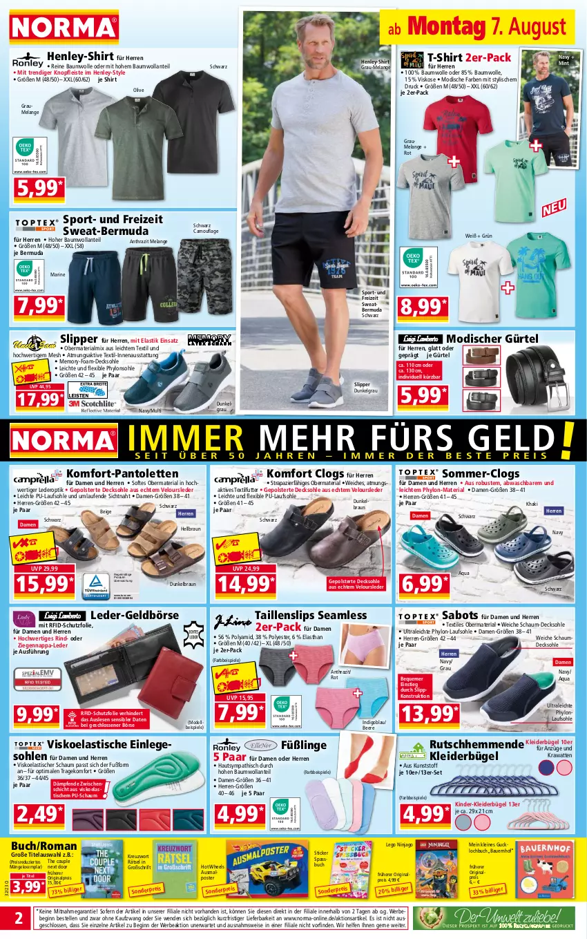 Aktueller Prospekt Norma - Norma - von 07.08 bis 14.08.2023 - strona 2 - produkty: aqua, asti, auer, Bau, Bauer, baumwolle, Bebe, beere, bermuda, braun, buch, bügel, Clogs, decksohle, dell, eis, Elan, elle, Füßlinge, Geldbörse, gin, Hot Wheels, Hylo, Kinder, kleid, kleider, kleiderbügel, Laufen, LEGO Ninjago, leine, LG, mint, Mode, ndk, ninjago, olive, pantolette, pantoletten, reine baumwolle, reis, Ria, rind, Sabots, shirt, slip, Slipper, slips, Spiele, Sport, T-Shirt, Taillenslip, Ti, tisch, wolle