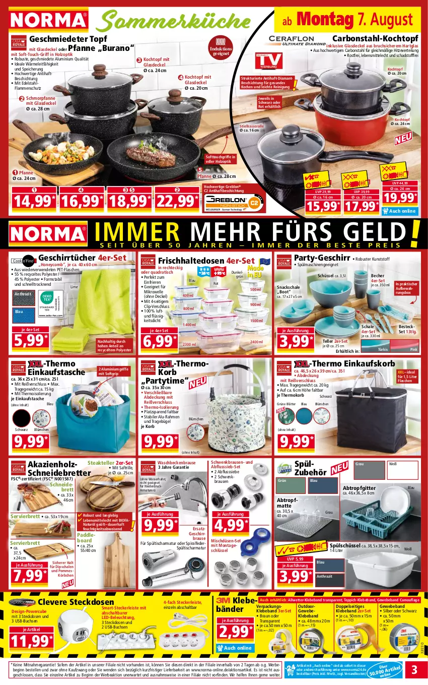 Aktueller Prospekt Norma - Norma - von 07.08 bis 14.08.2023 - strona 3 - produkty: armatur, armaturen, auer, aufbewahrungsbox, Beba, Bebe, Becher, beleuchtung, besteck, besteckset, bio, braun, brause, buch, bügel, decke, Deckel, dip, Dipschale, edelstahl, einkaufskorb, Einkaufstasche, eis, elle, flasche, frischhaltedosen, geschirr, geschirrtücher, gin, Glasdeckel, Holz, Kochtopf, korb, Körbchen, küche, lamm, lebensmittel, led-beleuchtung, LG, mikrowelle, natur, ndk, pet-flasche, pet-flaschen, pfanne, pommes, quad, Reinigung, reis, rwe, saft, Schal, Schale, schmorpfanne, schneidebrett, schüssel, snack, snacks, spülmaschinen, Spültischarmatur, steak, steckdose, stielkasserolle, Tasche, teller, teppich, Ti, tisch, topf, tücher, usb, waschbecken, wasser