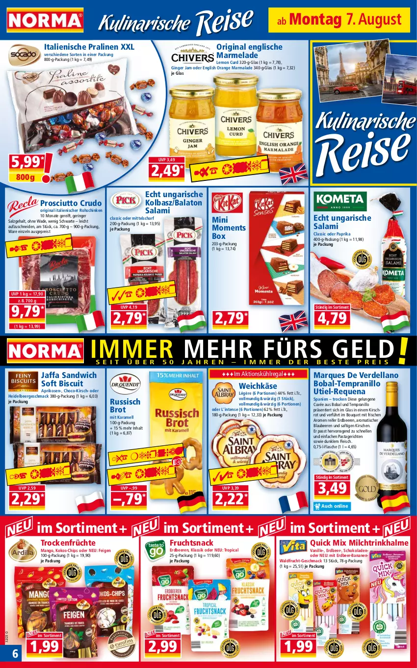 Aktueller Prospekt Norma - Norma - von 07.08 bis 14.08.2023 - strona 6 - produkty: aprikose, aprikosen, Balaton, banane, bananen, beere, beeren, Blaubeer, blaubeere, brot, chips, cuvée, dell, eis, elle, erdbeere, erdbeeren, erde, Feigen, flasche, fleisch, frucht, früchte, gin, ginger, karamell, Käse, kirsch, kirsche, kirschen, kokos, kühlregal, mac, mango, marmelade, milch, orange, paprika, pasta, Pastagericht, pralinen, prosciutto, prosciutto crudo, regal, reis, ring, rohschinken, russisch brot, saft, salami, salz, sandwich, schinken, schoko, schokolade, schokoladen, snack, tempranillo, Ti, tisch, Trinkhalme, Trockenfrüchte, Ungarische Salami, vanille, weichkäse