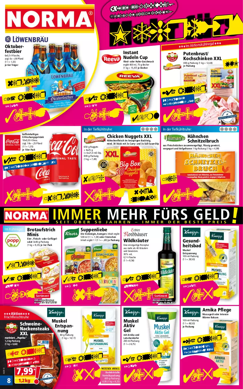 Aktueller Prospekt Norma - Norma - von 07.08 bis 14.08.2023 - strona 8 - produkty: aktiv gel, auer, aufstrich, Bad, Badekristalle, balsam, Becher, bier, brot, brotaufstrich, chicken nuggets, curry, dip, eier, eis, Eiskönigin, erfrischungsgetränk, flasche, fleisch, Geflügel, geflügelsalat, Gesundheit, getränk, gewürz, gin, Hähnchenfleisch, kochschinken, kräuter, kräutern, kühlregal, mac, Nackensteak, nackensteaks, nudel, nudeln, nuggets, paprika, pute, putenbrust, regal, rezept, rind, salat, schinken, schnitzel, schwein, schweine, schweinenacken, steak, steaks, suppe, suppen, suppenliebe, Ti, wein, weine, Wild