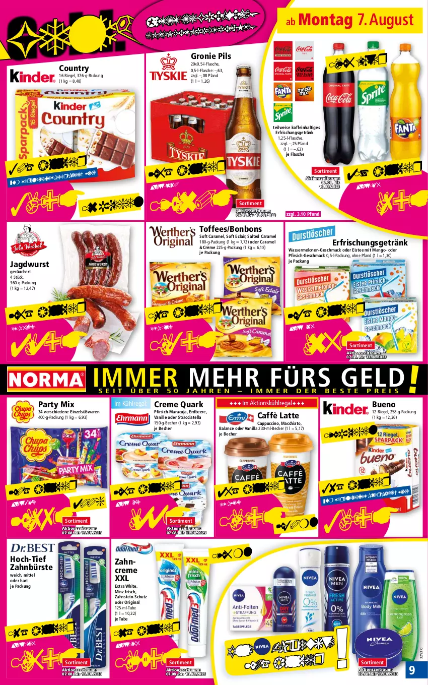 Aktueller Prospekt Norma - Norma - von 07.08 bis 14.08.2023 - strona 9 - produkty: ACC, Becher, beere, bonbons, bürste, caffè latte, Cap, cappuccino, caramel, chia, cin, creme, eis, eistee, erdbeere, erfrischungsgetränk, flasche, getränk, gin, jagdwurst, kühlregal, latte, mac, macchiato, mango, maracuja, melone, melonen, pfirsich, pils, quark, regal, riegel, tee, Ti, vanille, wasser, wassermelone, wassermelonen, wurst, zahnbürste, zahncreme