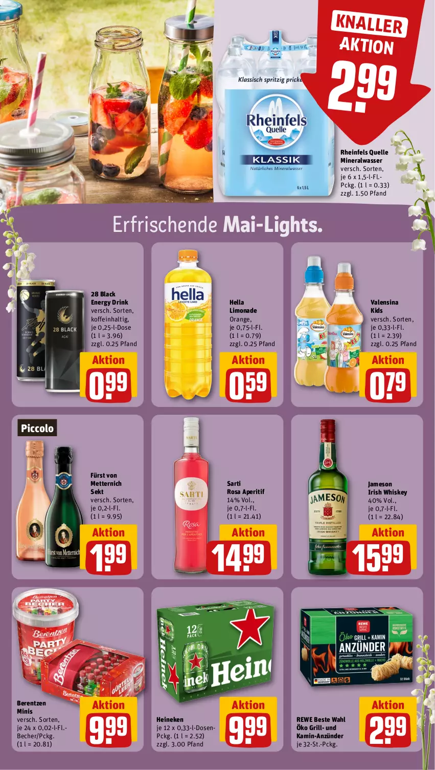 Aktueller Prospekt Rewe - Prospekte - von 06.05 bis 11.05.2024 - strona 19 - produkty: Alwa, anzünder, aperitif, Becher, berentzen, drink, elle, energy drink, fürst von metternich, grill, heineken, hella, irish whiskey, jameson, Kamin, lack, limo, limonade, Mett, metternich, mineralwasser, orange, rewe beste wahl, rheinfels quelle, sekt, Ti, valensina, wasser, whiskey