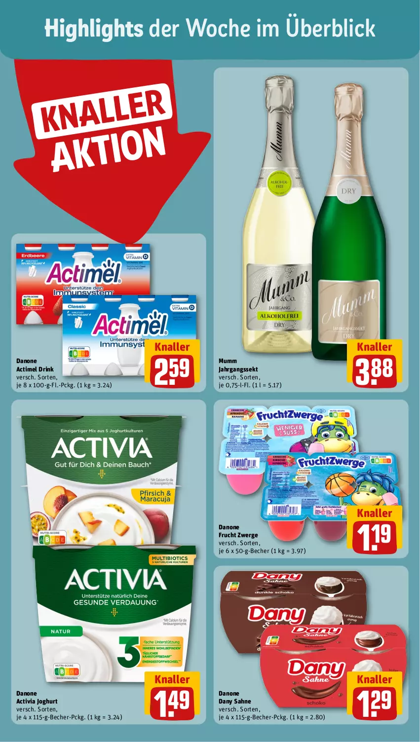 Aktueller Prospekt Rewe - Prospekte - von 06.05 bis 11.05.2024 - strona 2 - produkty: actimel, actimel drink, activia, activia joghurt, Becher, danone, danone actimel drink, danone activia, Dany, dany sahne, drink, frucht, jahrgangssekt, joghur, joghurt, mumm, sahne, sekt, Ti