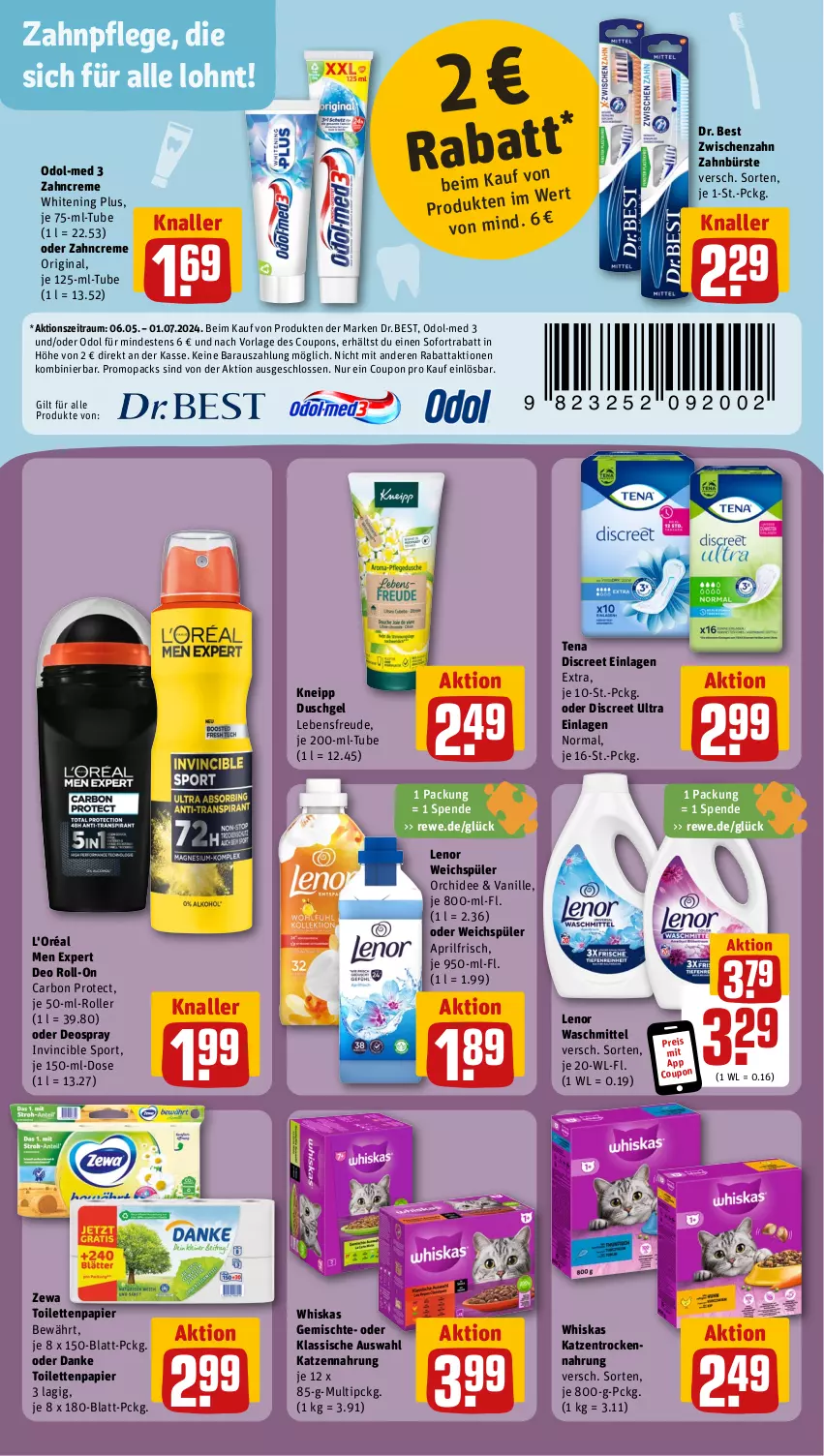 Aktueller Prospekt Rewe - Prospekte - von 06.05 bis 11.05.2024 - strona 22 - produkty: bürste, coupon, coupons, creme, deo, deo roll-on, deospray, Discreet, Dr. Best, duschgel, eis, gin, katzennahrung, kneipp, lenor, lenor waschmittel, lenor weichspüler, oder deospray, Odol, Odol-med 3, orchidee, papier, pril, reis, roll-on, Roller, sofortrabatt, Sport, Ti, toilettenpapier, vanille, waschmittel, weichspüler, whiskas, zahnbürste, zahncreme, zewa