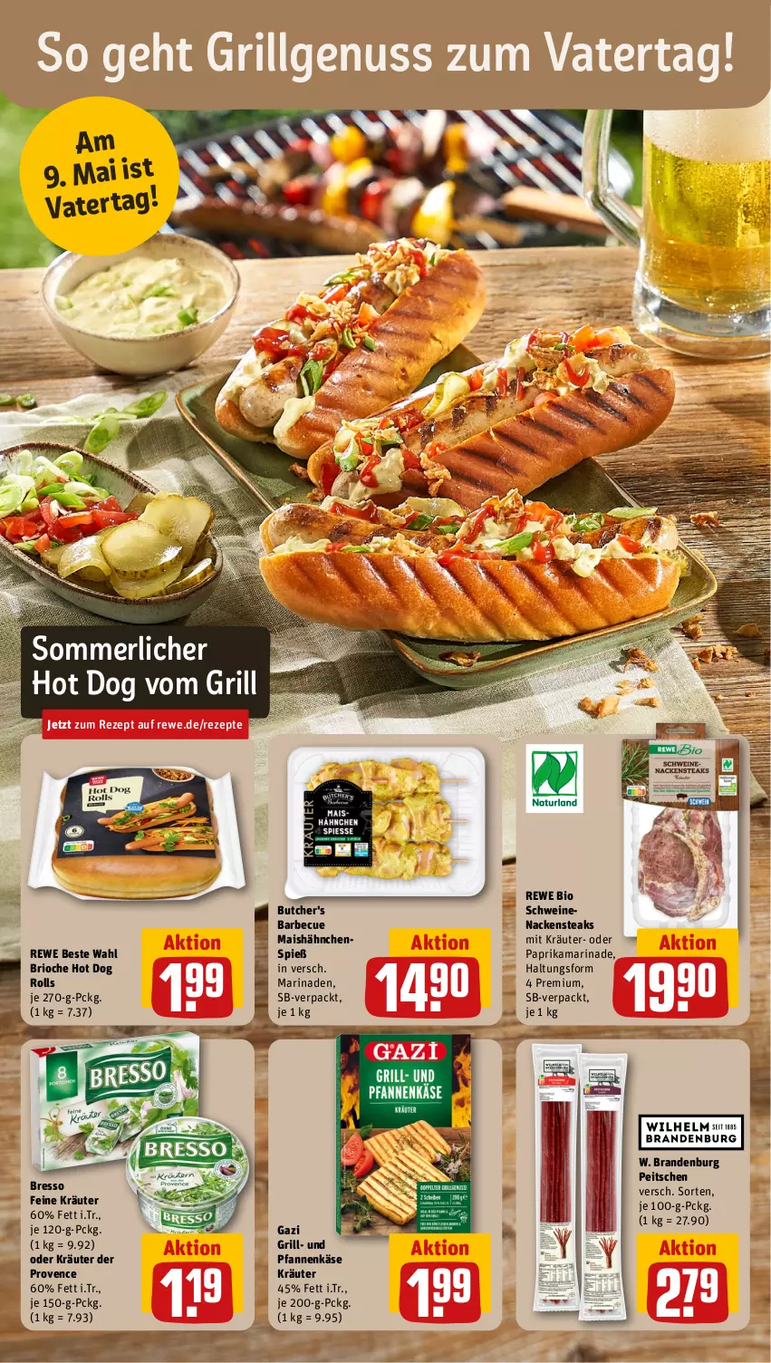 Aktueller Prospekt Rewe - Prospekte - von 06.05 bis 11.05.2024 - strona 4 - produkty: barbecue, bio, bresso, butcher's, grill, hot dog, Käse, kräuter, LG, mais, marinade, merl, Nackensteak, nackensteaks, nuss, oder kräuter, paprika, pfanne, pfannen, pfannenkäse, rewe beste wahl, rewe bio, rezept, rezepte, schwein, schweine, schweinenacken, steak, steaks, Ti, und pfanne, wein, weine