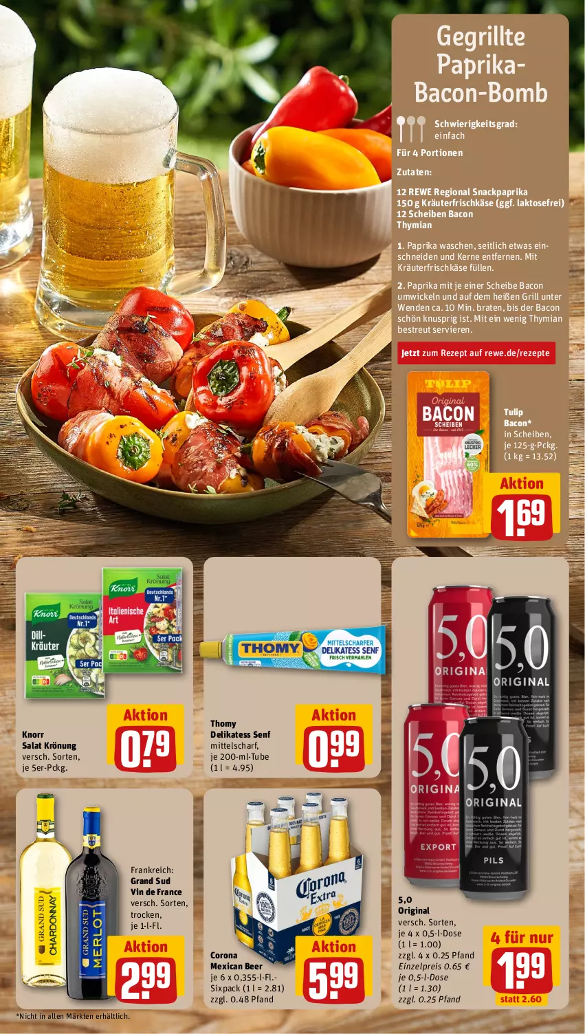 Aktueller Prospekt Rewe - Prospekte - von 06.05 bis 11.05.2024 - strona 5 - produkty: bacon, braten, corona, delikatess senf, eis, frischkäse, gin, grand sud, grill, Käse, knorr, kräuter, paprika, reis, rezept, rezepte, salat, senf, snack, thomy, Ti, tulip, vin de france, WICK