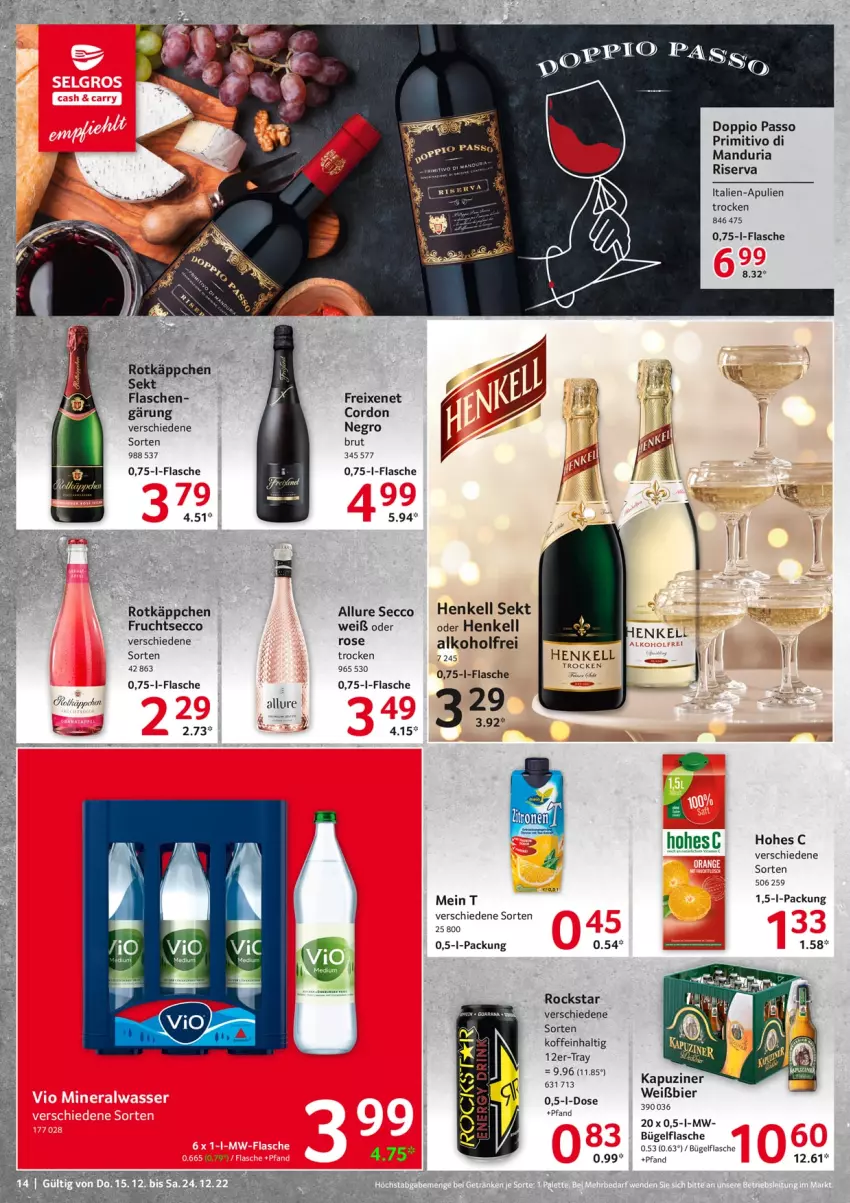 Aktueller Prospekt Selgros - Food - von 15.12 bis 24.12.2022 - strona 14 - produkty: alkohol, bier, brut, bügel, bügelflasche, doppio passo, ecco, flasche, freixenet, frucht, fruchtsecco, henkel, henkell, henkell sekt, Hohes C, passo, primitivo, Ria, riserva, Rockstar, rotkäppchen, sekt, Ti