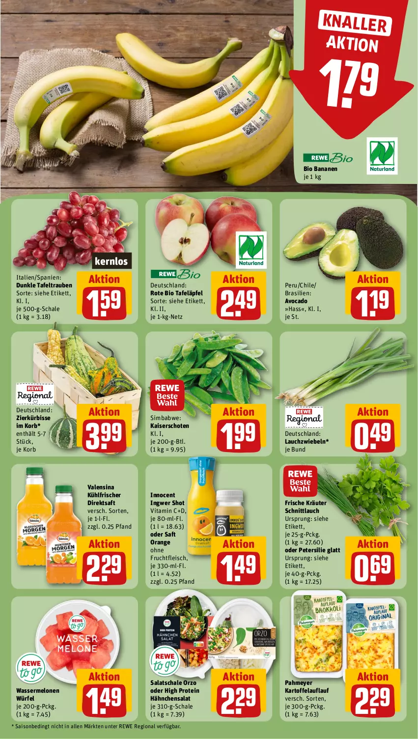 Aktueller Prospekt Rewe - Prospekte - von 30.09 bis 05.10.2024 - strona 10 - produkty: avocado, banane, bananen, bio, direktsaft, eis, fleisch, frucht, fruchtfleisch, ingwer, Innocent, Kaiser, kartoffel, korb, kräuter, Kürbis, Lauchzwiebel, lauchzwiebeln, melone, melonen, orange, petersilie, saft, salat, Schal, Schale, schnittlauch, sim, simba, tafeläpfel, tafeltrauben, Ti, trauben, valensina, vita, Vitamin C, wasser, wassermelone, wassermelonen, würfel, zwiebel, zwiebeln