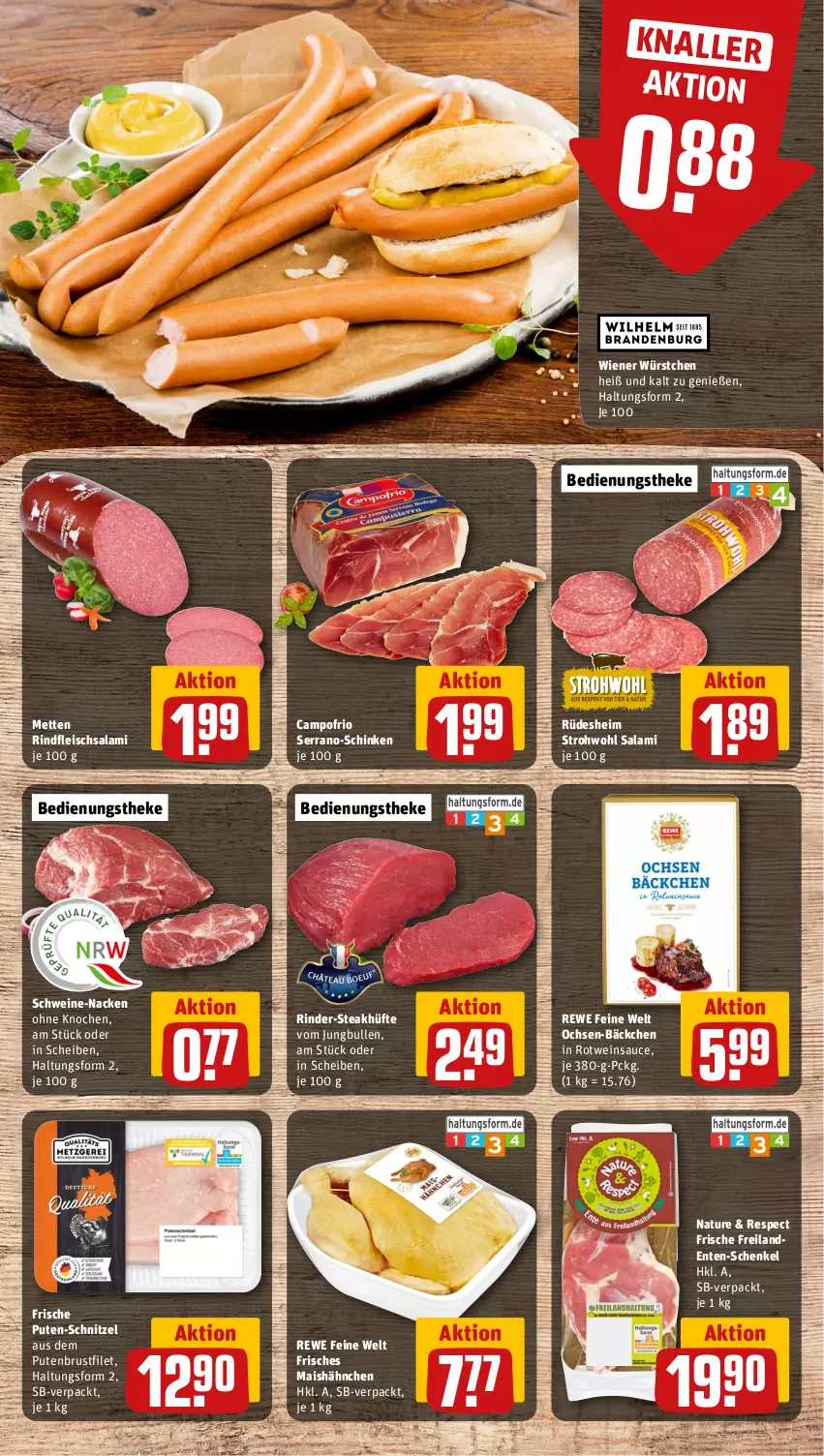 Aktueller Prospekt Rewe - Prospekte - von 30.09 bis 05.10.2024 - strona 12 - produkty: brustfilet, campofrio, eis, ente, filet, fleisch, henkel, jungbullen, mais, Mett, metten, natur, pute, putenbrust, putenbrustfilet, rewe feine welt, rind, rinder, rindfleisch, rotwein, salami, sauce, schenkel, schinken, schnitzel, schwein, schweine, serrano, steak, steakhüfte, Ti, wein, weine, wiener, wiener würstchen, würstchen