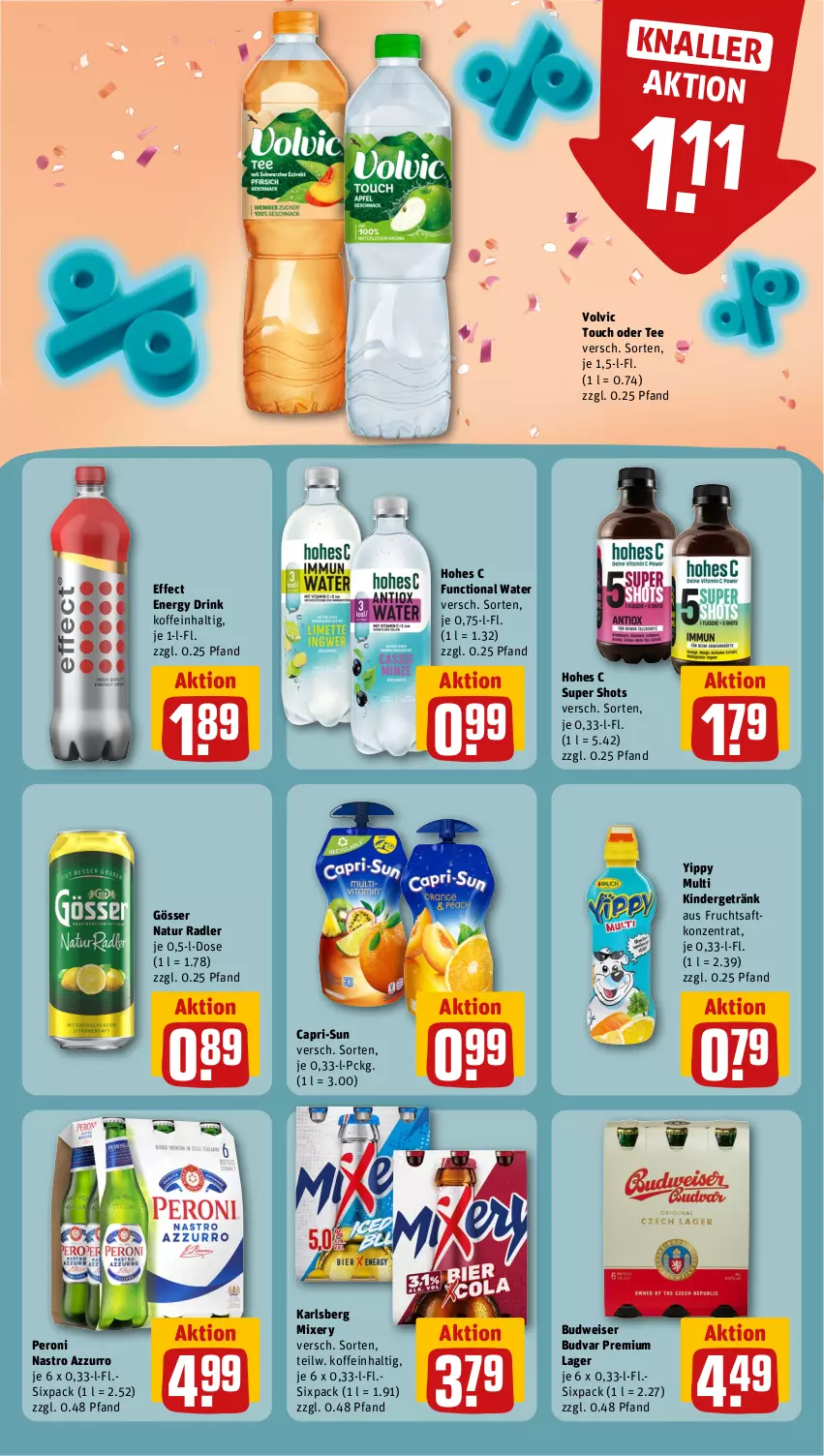 Aktueller Prospekt Rewe - Prospekte - von 30.09 bis 05.10.2024 - strona 16 - produkty: budweiser, Cap, capri-sun, drink, Effect, eis, energy drink, frucht, fruchtsaft, getränk, gösser, Hohes C, karlsberg, karlsberg mixery, Kinder, Mixer, mixery, natur, natur radler, Peroni, radler, saft, tee, Ti, volvic