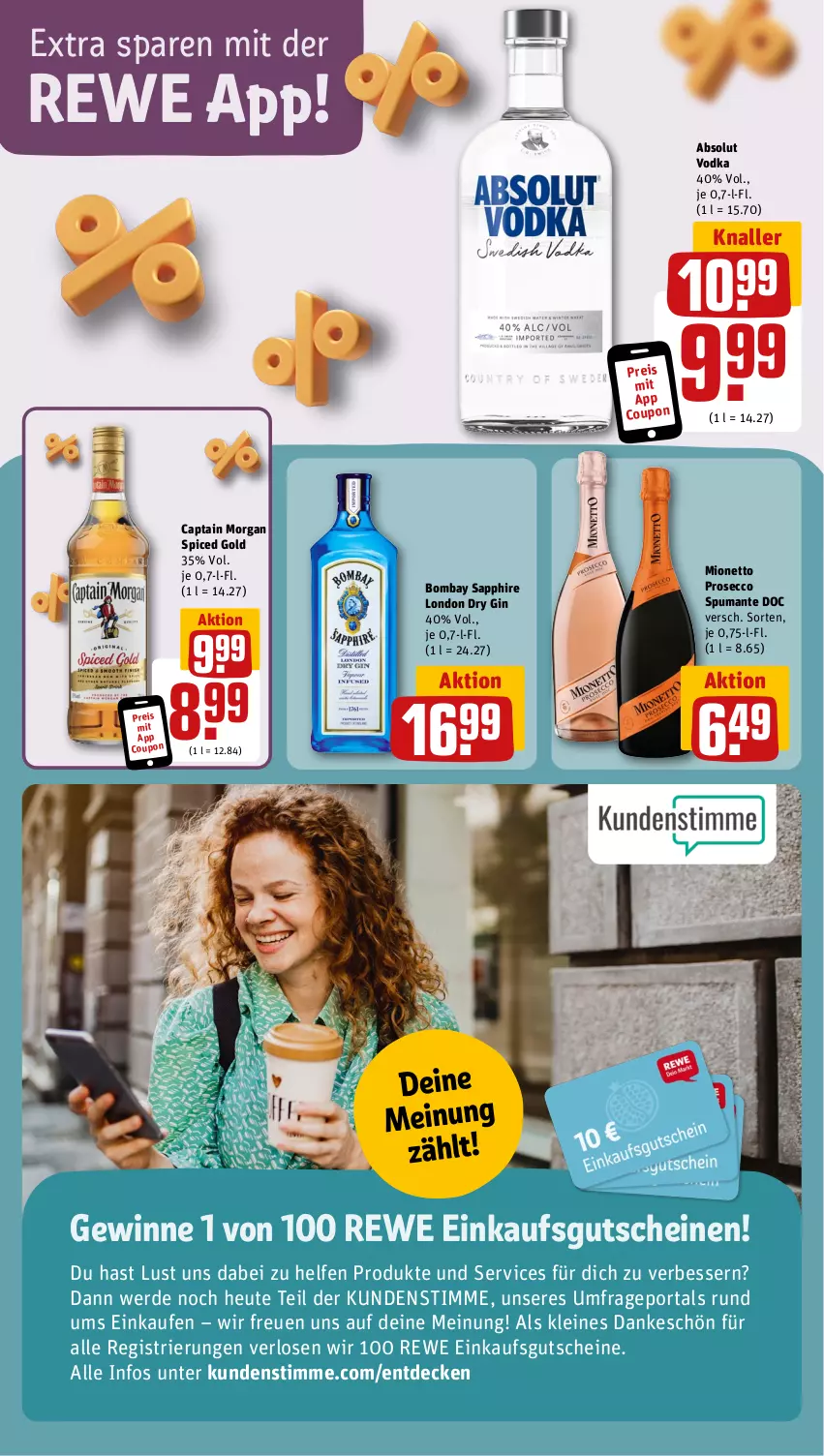 Aktueller Prospekt Rewe - Prospekte - von 30.09 bis 05.10.2024 - strona 17 - produkty: Absolut Vodka, bombay sapphire, Cap, captain morgan, coupon, decke, dry gin, ecco, eis, erde, gin, gutschein, gutscheine, Heu, leine, london dry, london dry gin, mionetto, prosecco, puma, reis, sapphire, spumante, Ti, vodka